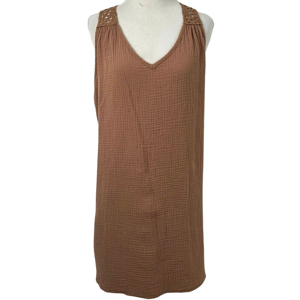Shein Boho Gauze Mini Dress Crochet Back Brown Size L - Picture 2 of 5